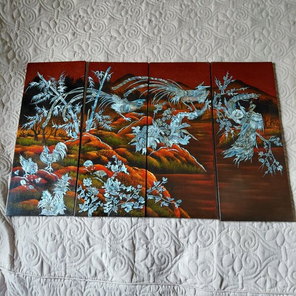 Chinese lacquered panels rooster pheasant bamboo mother of pearl inlay - Picture 2 of 11